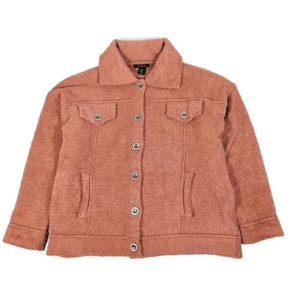 TAHARI 90's Oversized Button Down Trucker Teddy Sherpa Jacket Womens XL Rust - Picture 1 of 5